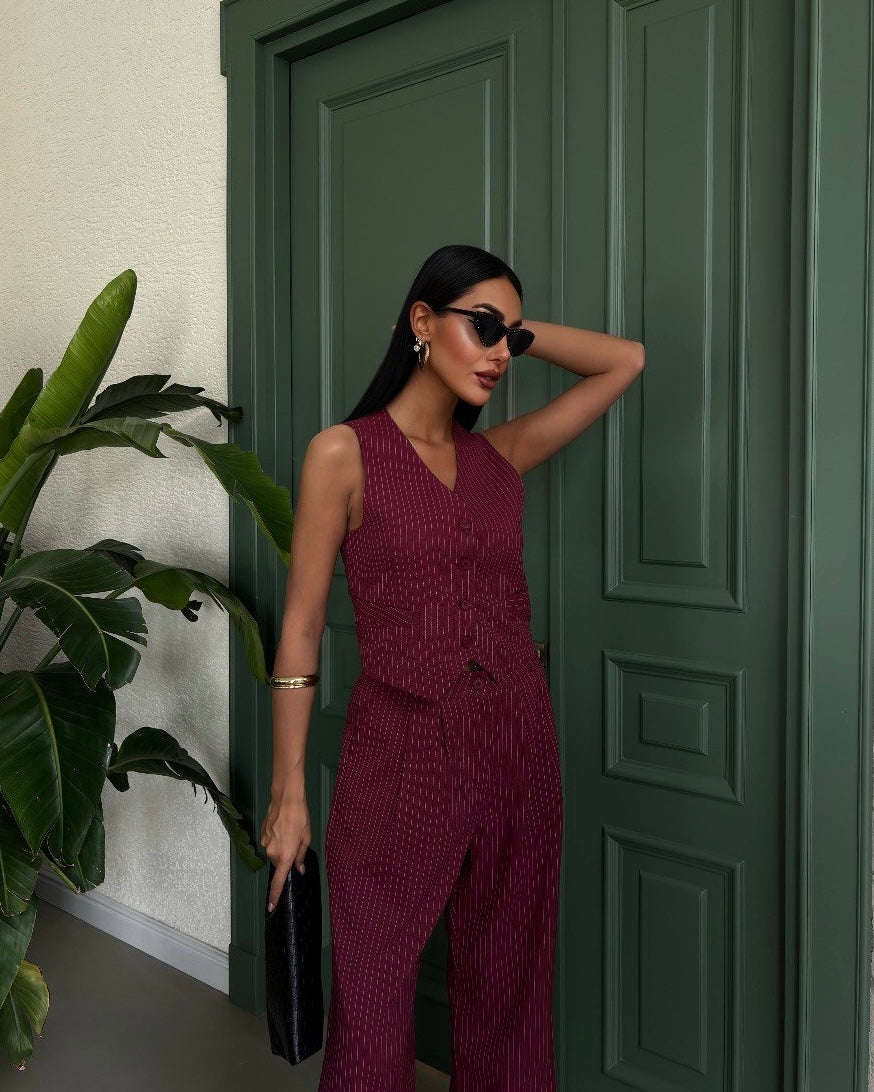 Maroon Stripped Vest Suit | طقم خمري مخطط