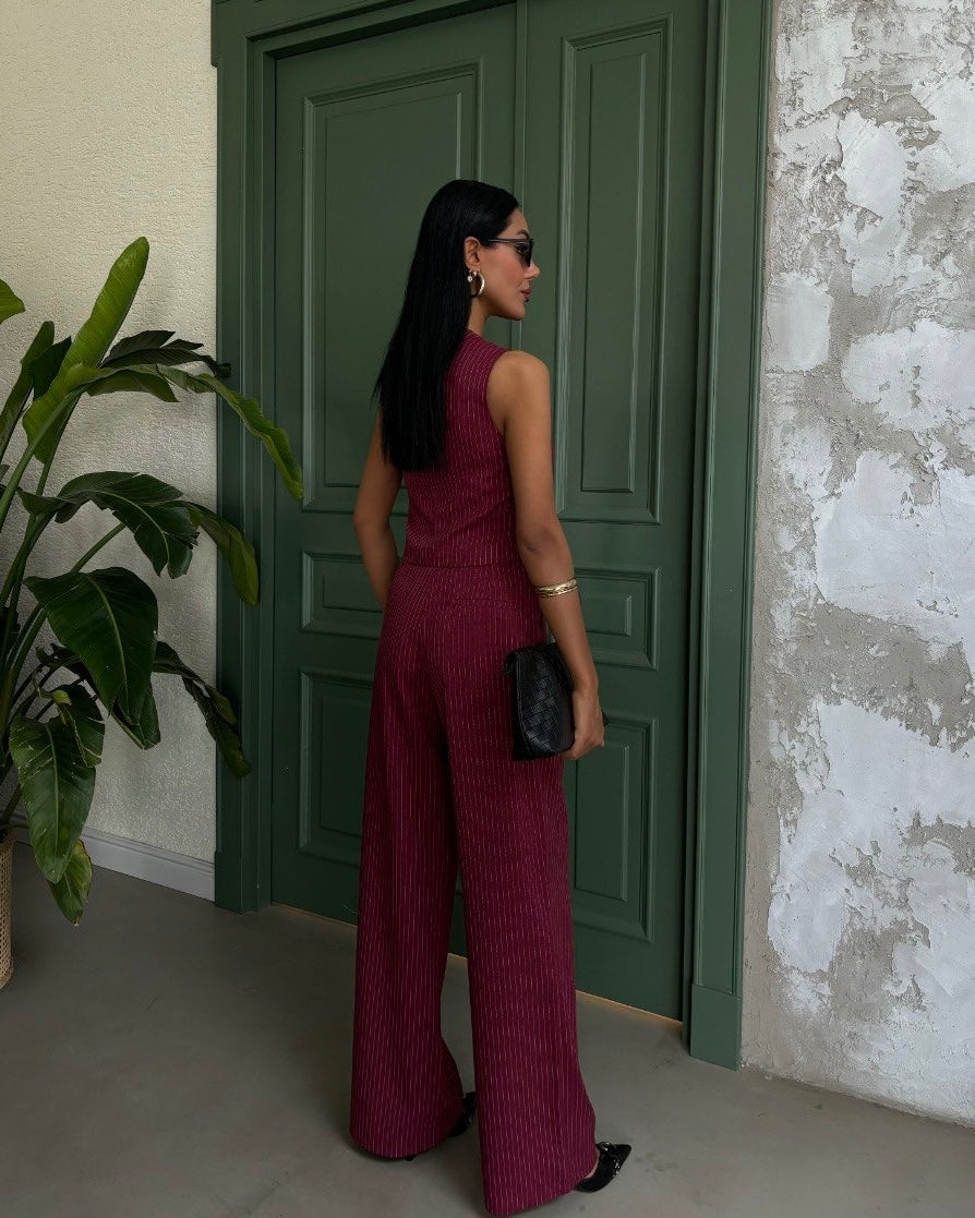 Maroon Stripped Vest Suit | طقم خمري مخطط