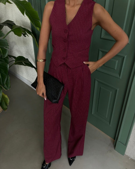 Maroon Stripped Vest Suit | طقم خمري مخطط
