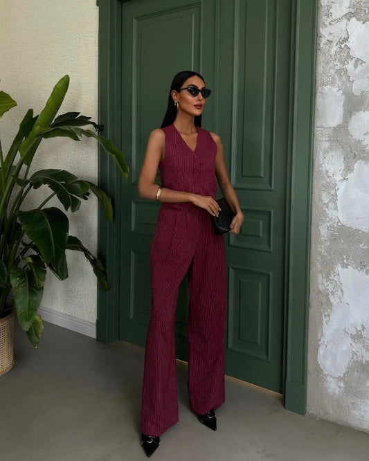 Maroon Stripped Vest Suit | طقم خمري مخطط