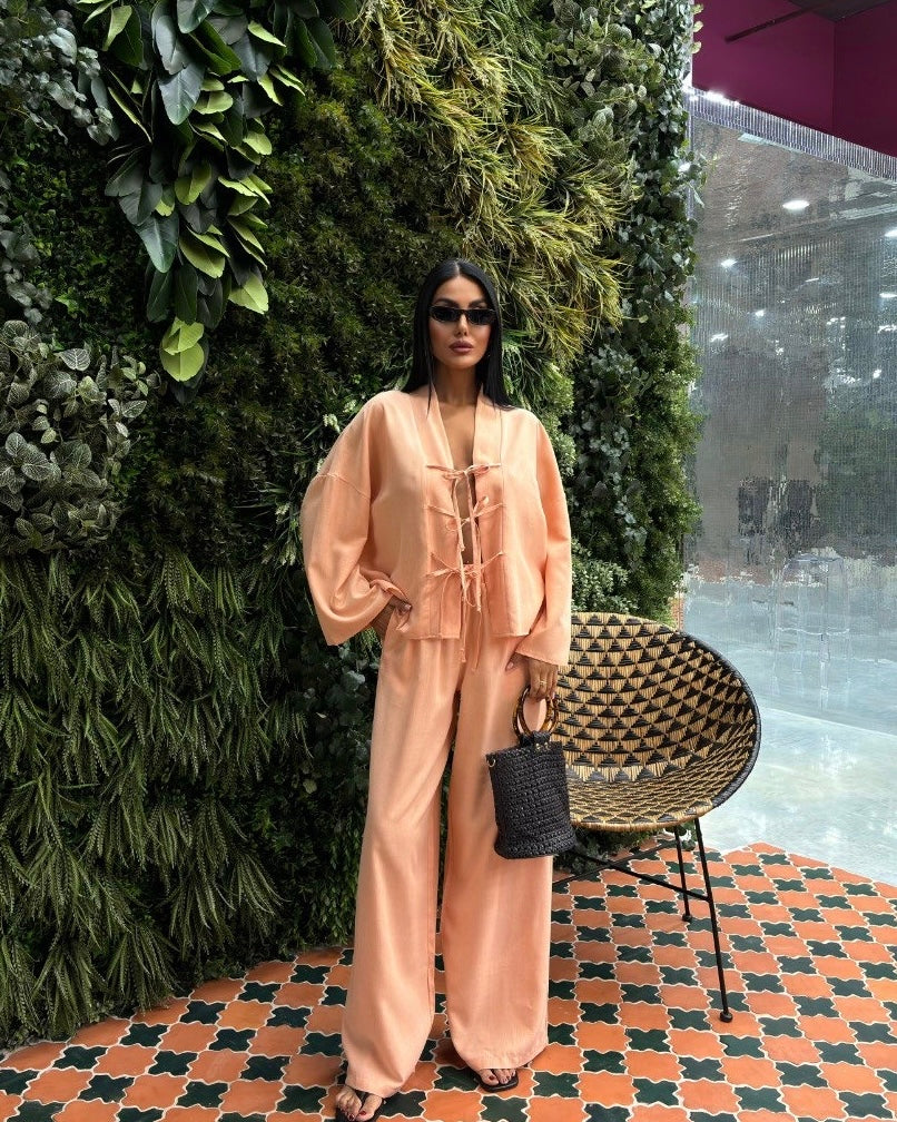 Peach Tie Front Casual Set | طقم كاجوال مشمشي برباط امامي
