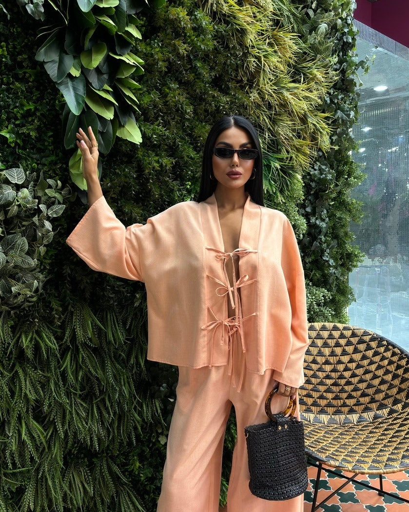 Peach Tie Front Casual Set | طقم كاجوال مشمشي برباط امامي