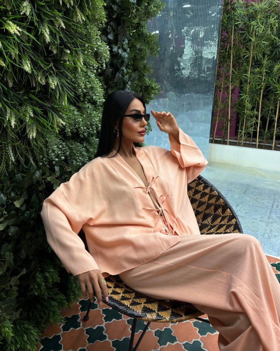 Peach Tie Front Casual Set | طقم كاجوال مشمشي برباط امامي