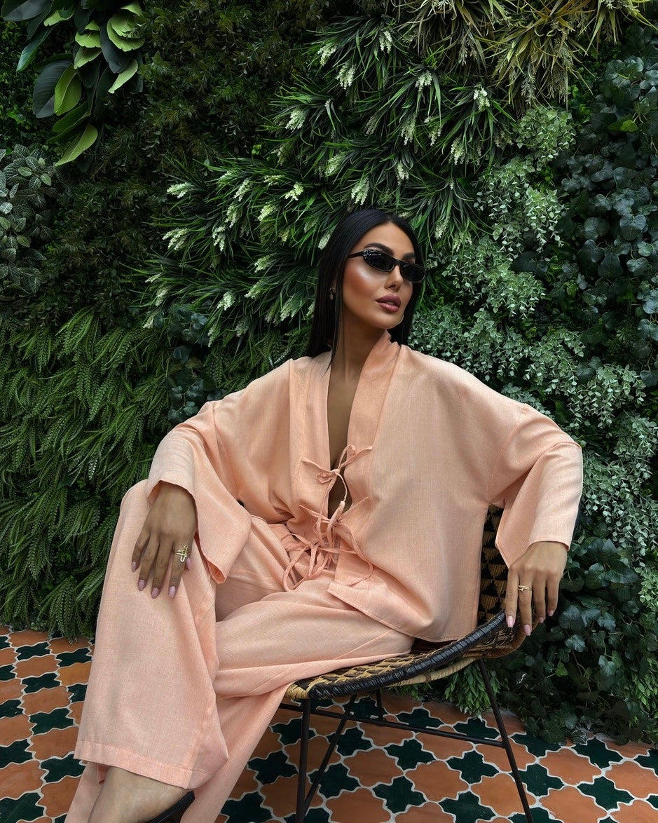 Peach Tie Front Casual Set | طقم كاجوال مشمشي برباط امامي