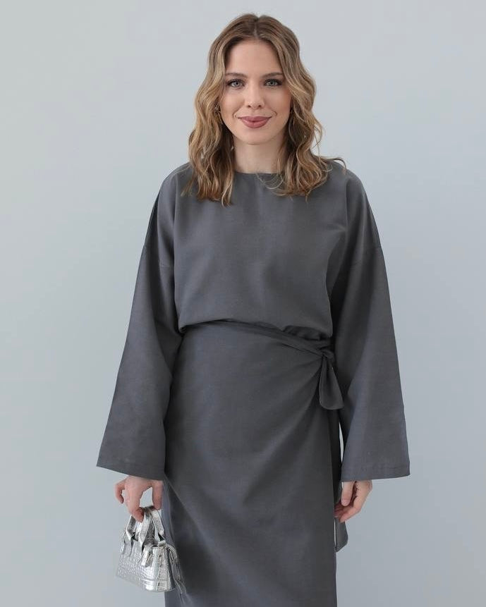 Soft Grey Side Tie Set | طقم سكني ناعم بربطة جانبية