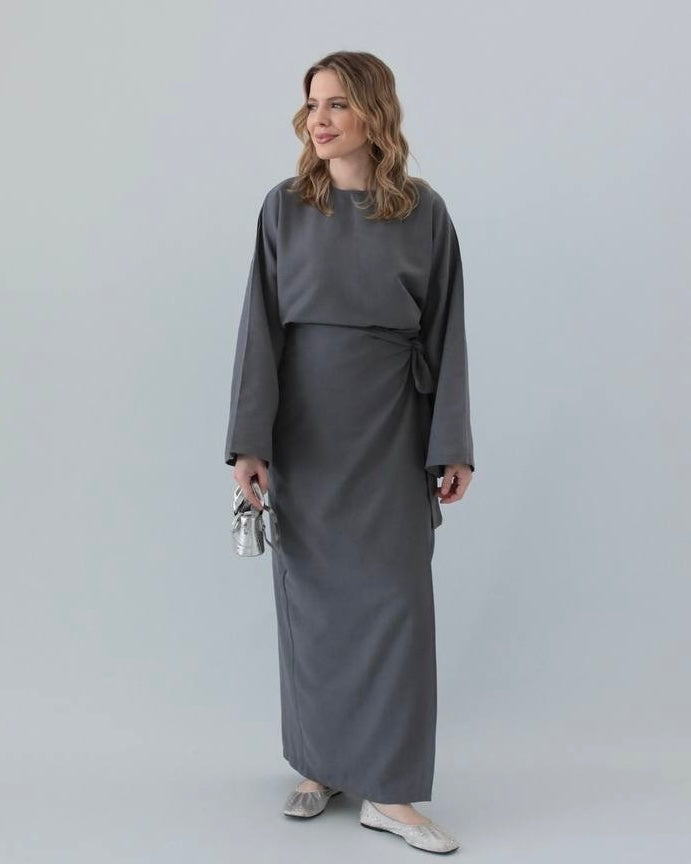 Soft Grey Side Tie Set | طقم سكني ناعم بربطة جانبية