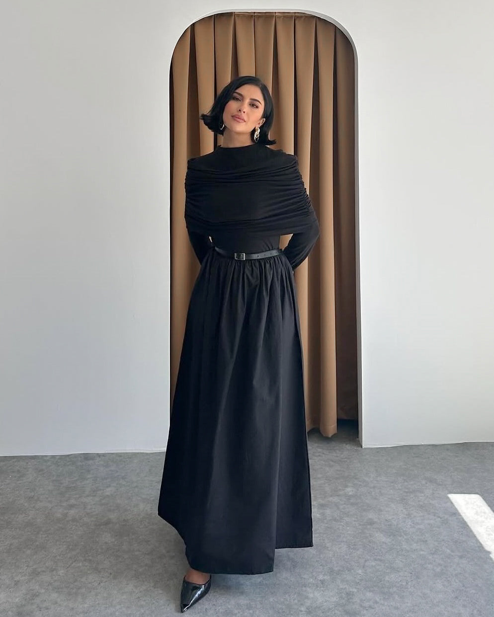 Soft Pleated Black Dress | فستان أسود بطيات ناعمة