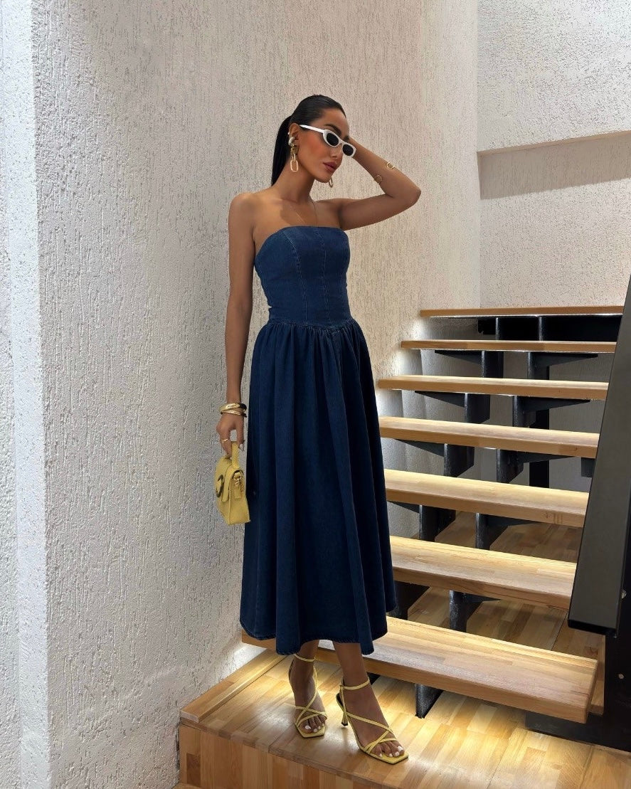 Denim Chic Strapless Dress | فستان جينز أنيق وناعم