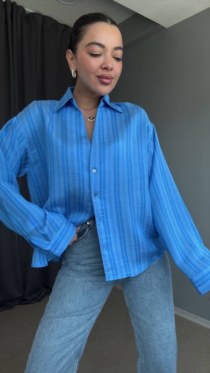 Casual Vibrant Blue Striped Shirt | قميص كاجوال مخطط باللون الازرق