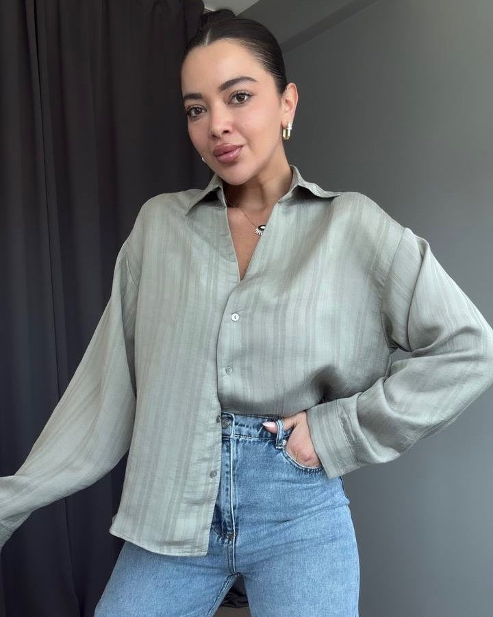 Casual Pistachio Green Striped Shirt | قميص كاجوال مخطط باللون الفستقي