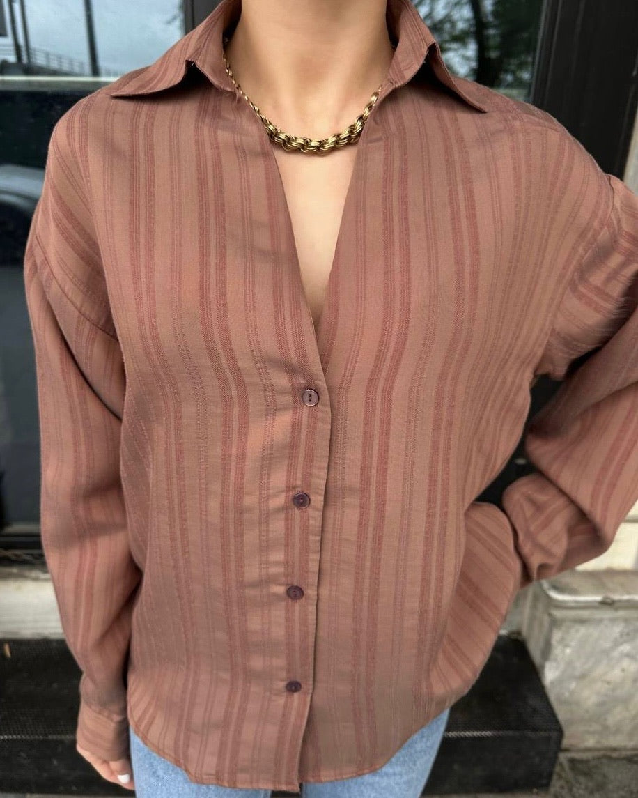 Casual Brown Striped Shirt | قميص كاجوال مخطط باللون البني