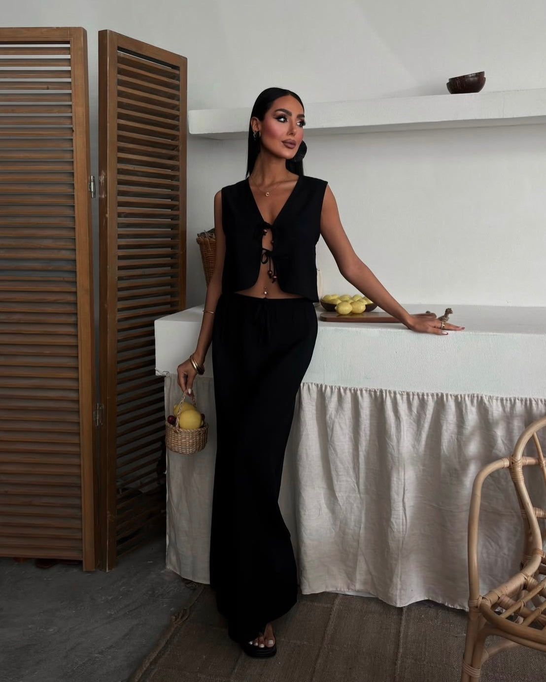 Black Boho Tie-Front Set | طقم بوهيمي أسود بربطة أمامية