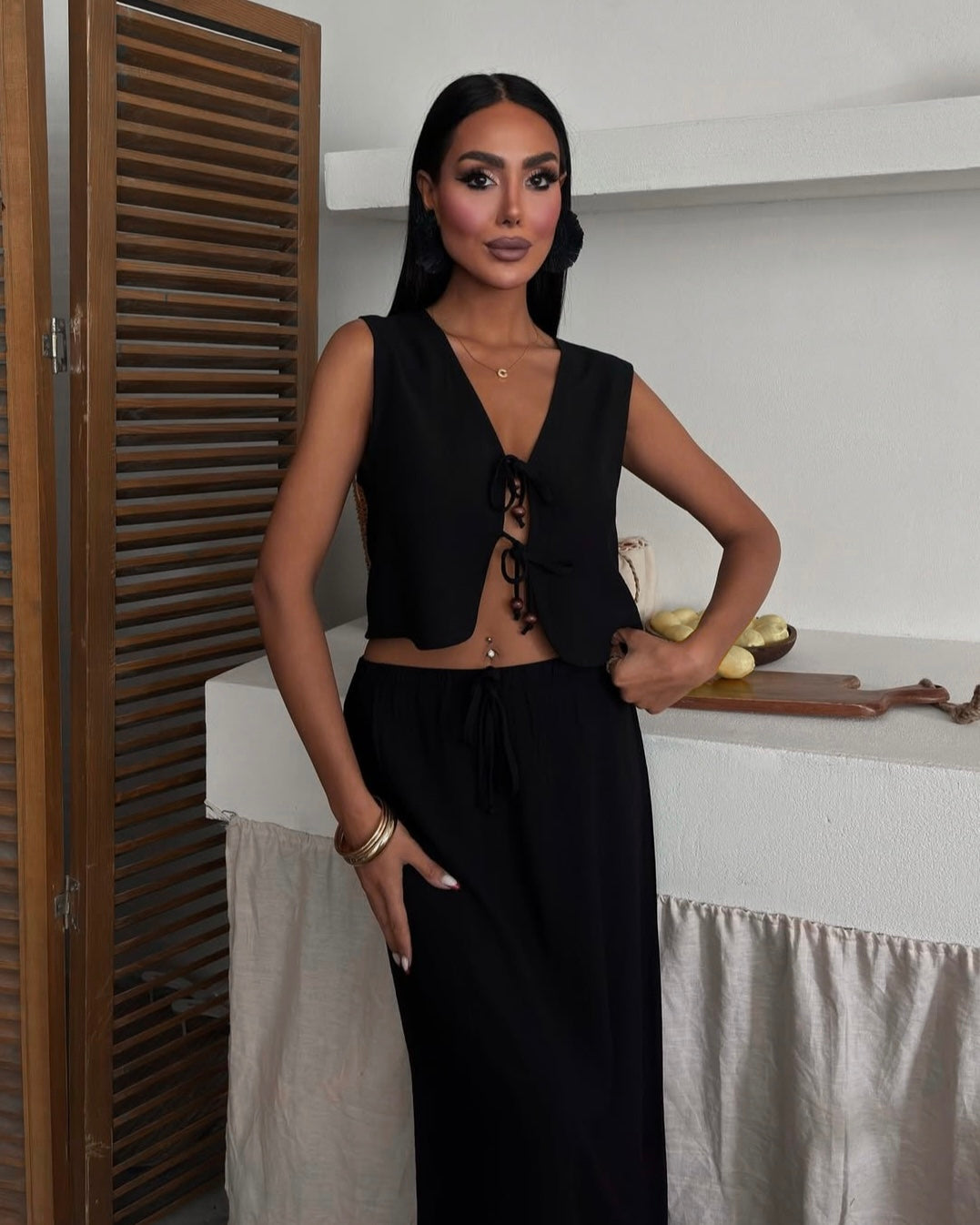 Black Boho Tie-Front Set | طقم بوهيمي أسود بربطة أمامية