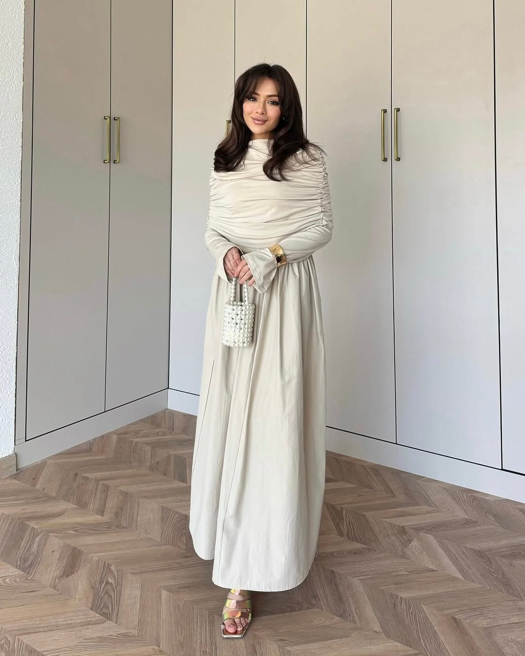 Soft Pleated Cream Dress | فستان كريمي بطيات ناعمة