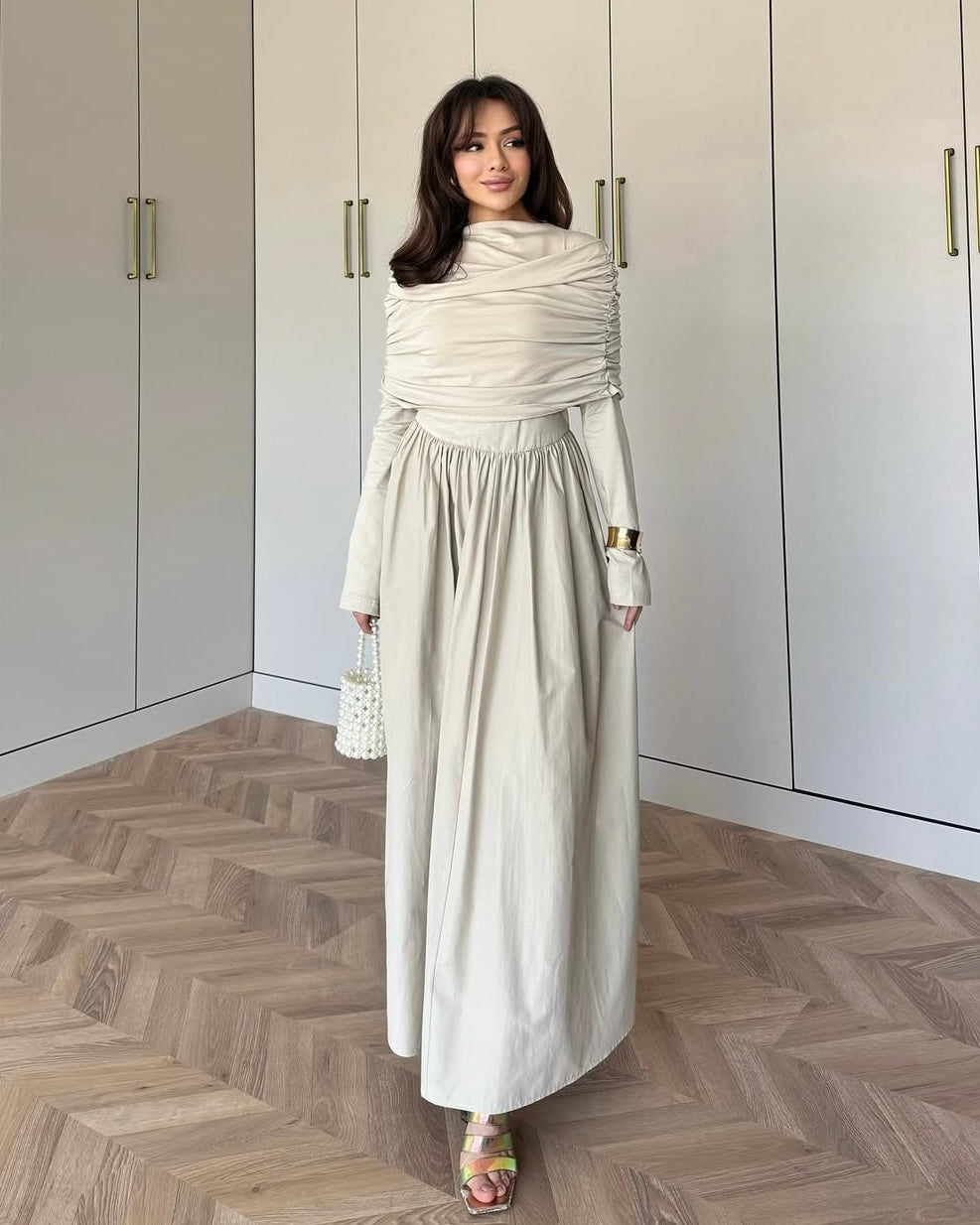 Soft Pleated Cream Dress | فستان كريمي بطيات ناعمة