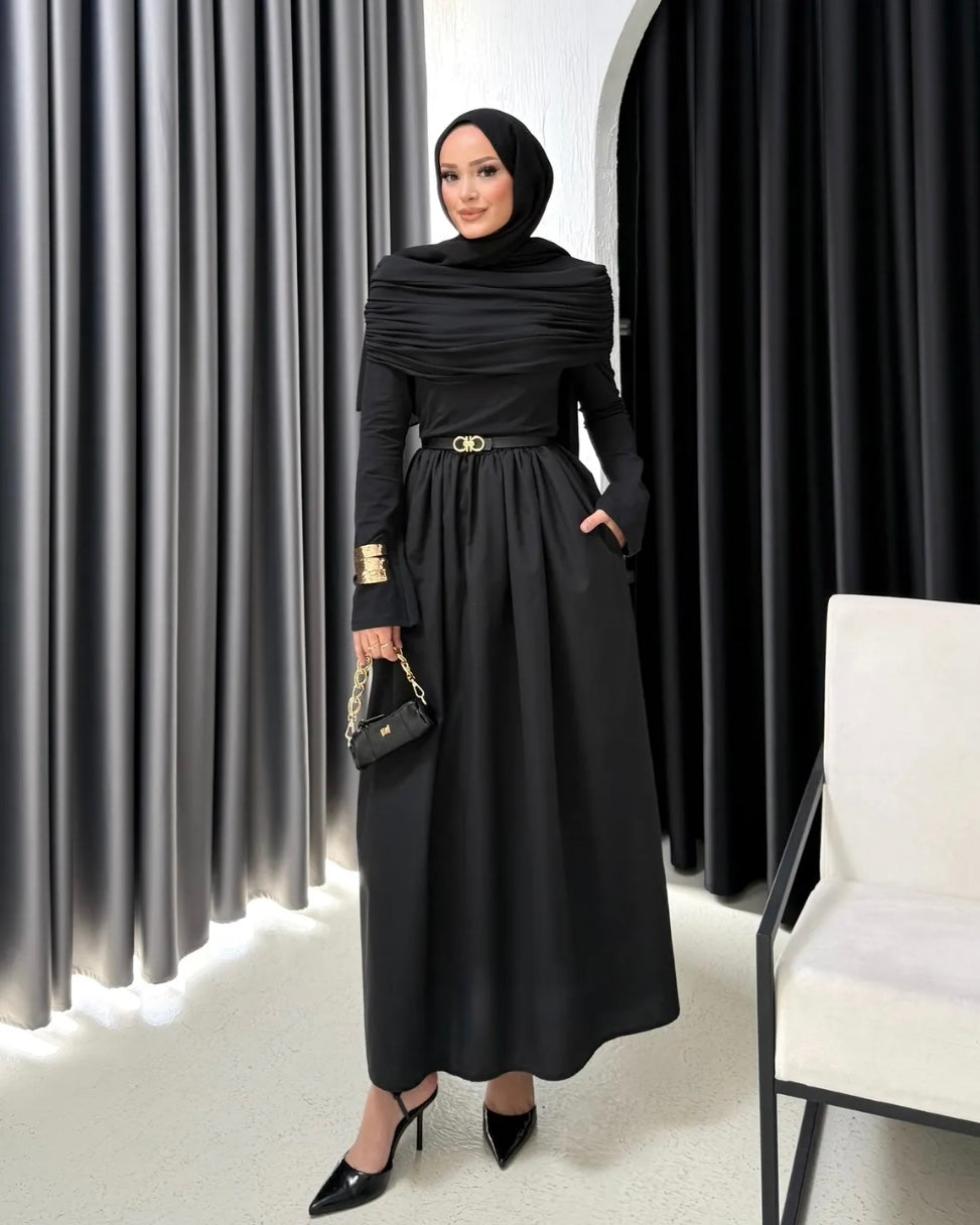 Soft Pleated Black Dress | فستان أسود بطيات ناعمة