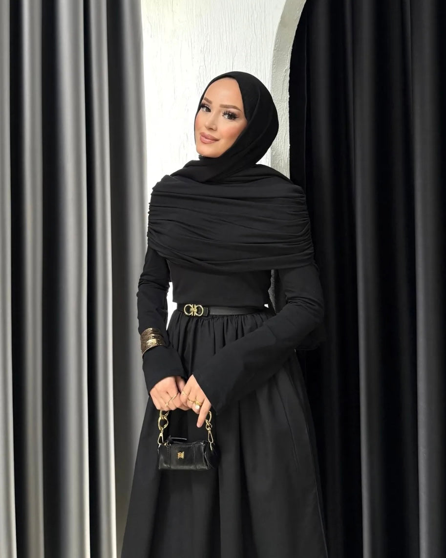 Soft Pleated Black Dress | فستان أسود بطيات ناعمة