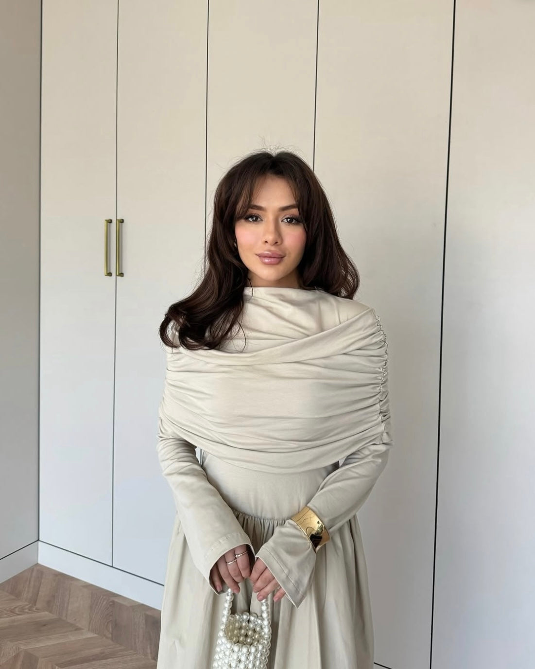 Soft Pleated Cream Dress | فستان كريمي بطيات ناعمة