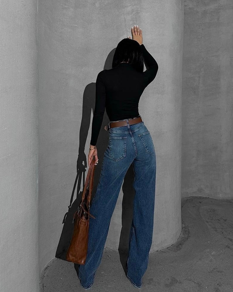 Timeless High Waisted Medium Wash Straight Jeans | جينز بخصر عالٍ وقصّة مستقيمة