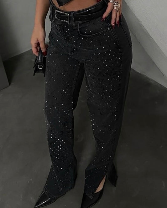 Black Embellished Rhinestone Jeans with a Slit | جينز أسود فاخر مزين بأحجار الراين