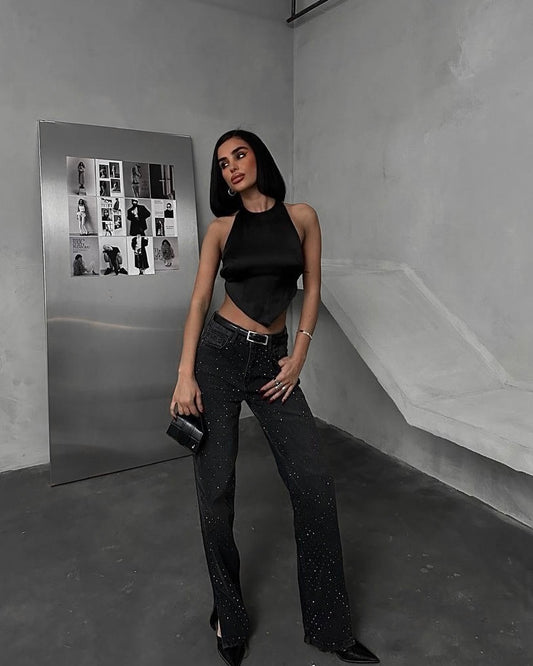 Black Embellished Rhinestone Jeans with a Slit | جينز أسود فاخر مزين بأحجار الراين