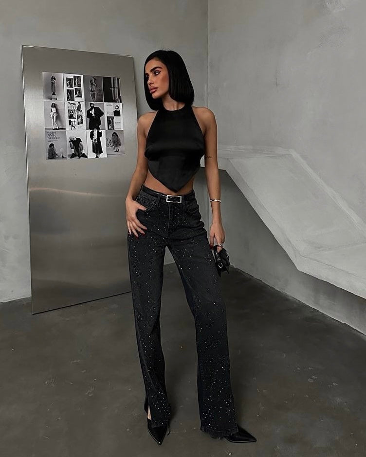 Black Embellished Rhinestone Jeans with a Slit | جينز أسود فاخر مزين بأحجار الراين