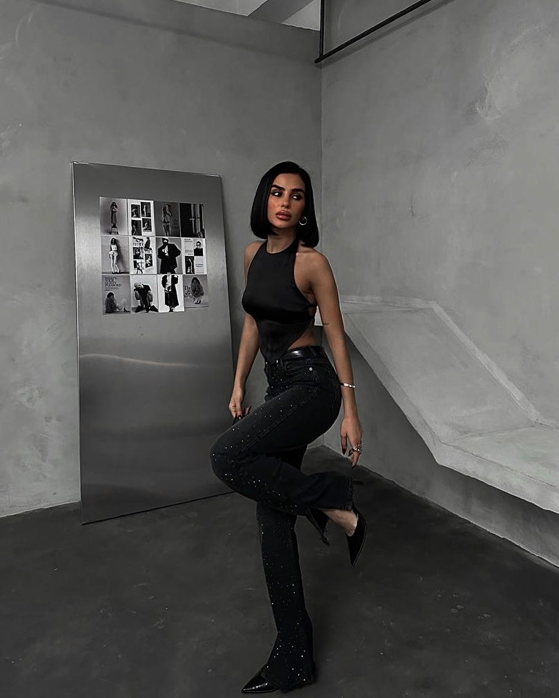 Black Embellished Rhinestone Jeans with a Slit | جينز أسود فاخر مزين بأحجار الراين