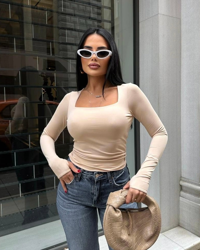 Beige Square-Neck Fitted Top | توب ضيق بلون البيج بياقة مربعة