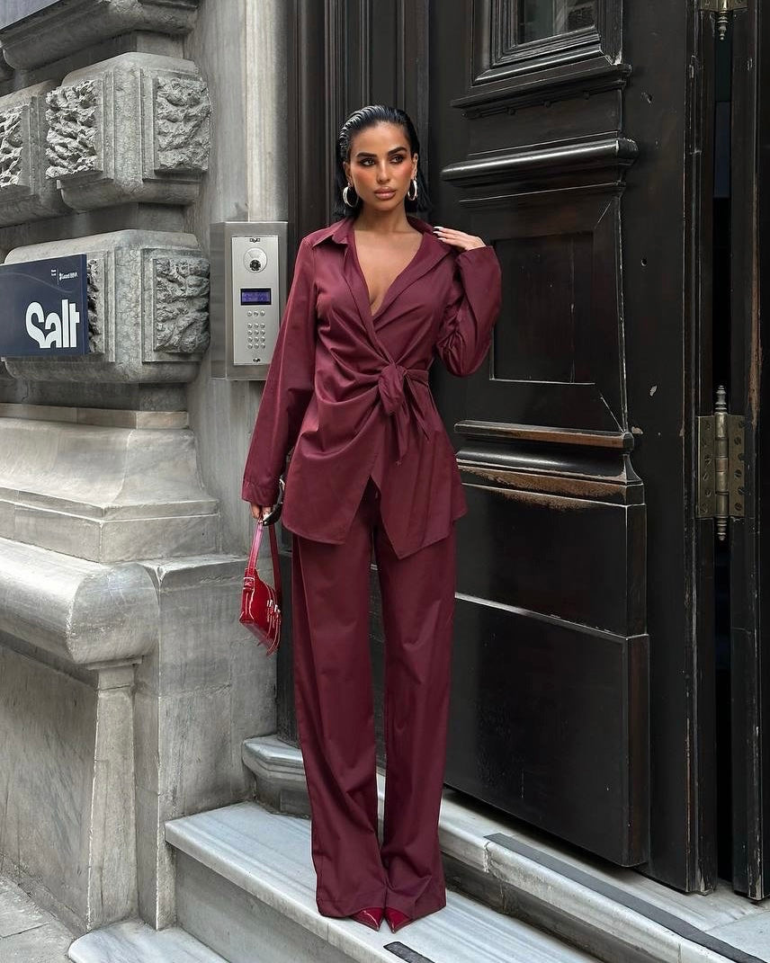 Burgundy Wrap Blouse and Wide-Leg Pants Set | طقم بلوزة لفّ باللون الخمري مع بنطال واسع