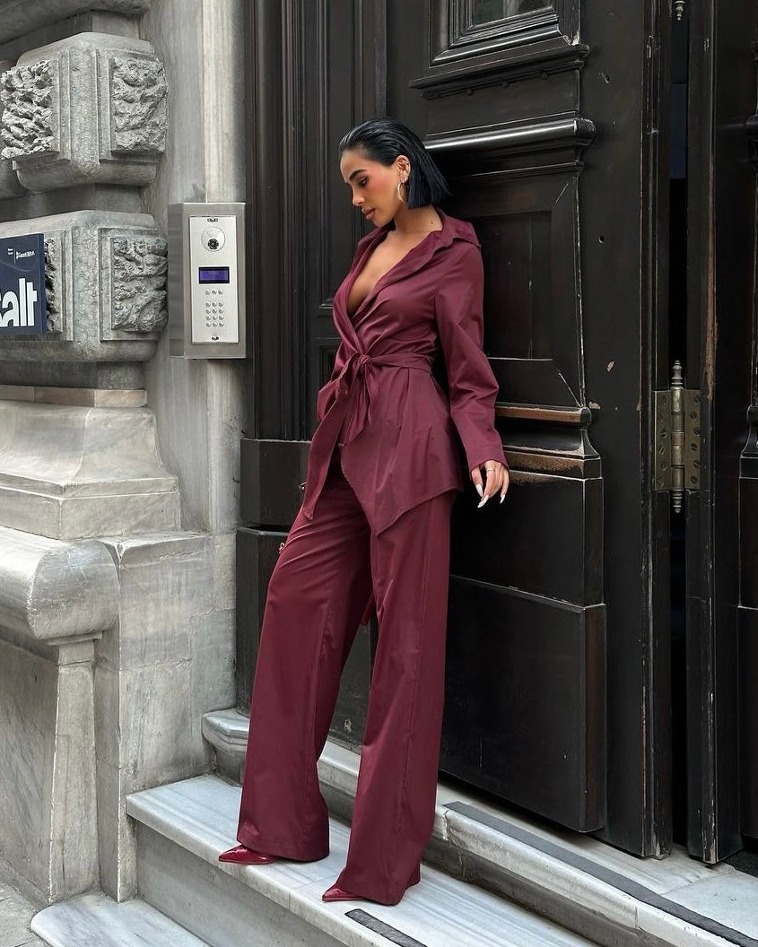 Burgundy Wrap Blouse and Wide-Leg Pants Set | طقم بلوزة لفّ باللون الخمري مع بنطال واسع