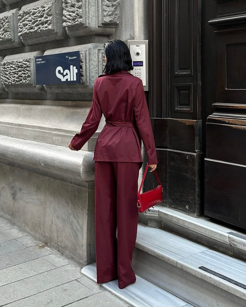 Burgundy Wrap Blouse and Wide-Leg Pants Set | طقم بلوزة لفّ باللون الخمري مع بنطال واسع
