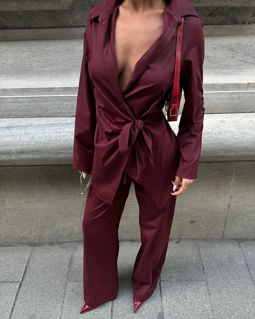 Burgundy Wrap Blouse and Wide-Leg Pants Set | طقم بلوزة لفّ باللون الخمري مع بنطال واسع