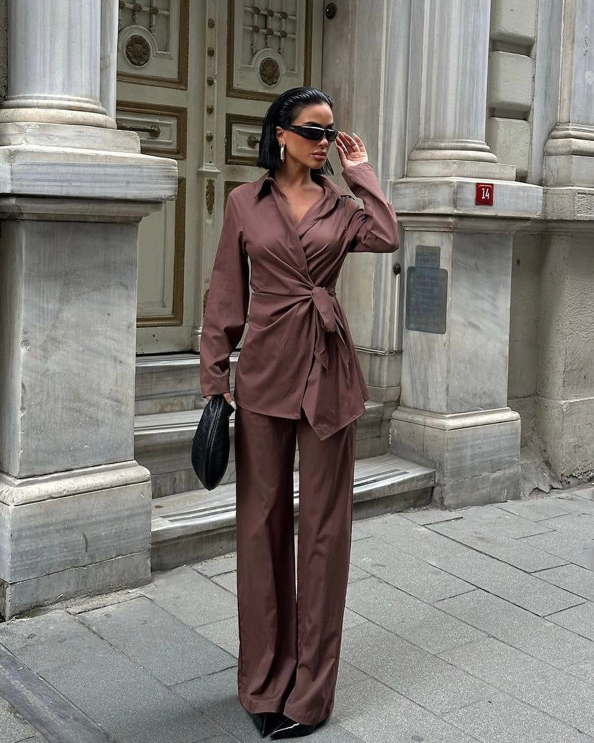 Brown Wrap Blouse and Wide-Leg Pants Set | طقم بلوزة لفّ باللون البني مع بنطال واسع