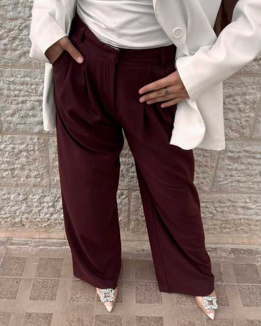 Burgundy Wide-Leg High-Waist Trousers | بنطلون بخصر عالٍ بلون البيرغندي