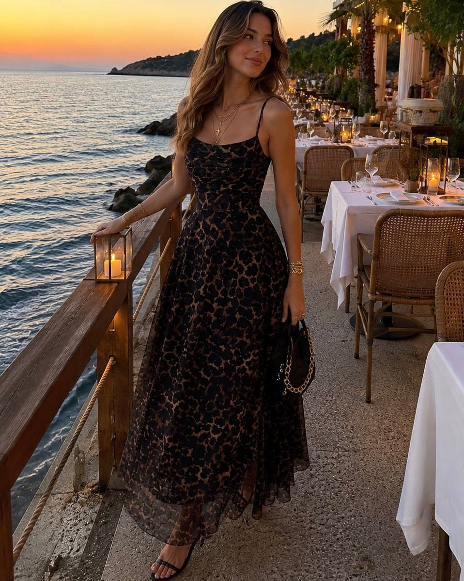 Elegant Leopard Print Mesh Maxi Dress | فستان ماكسي نسائي أنيق بنقشة ليوبارد