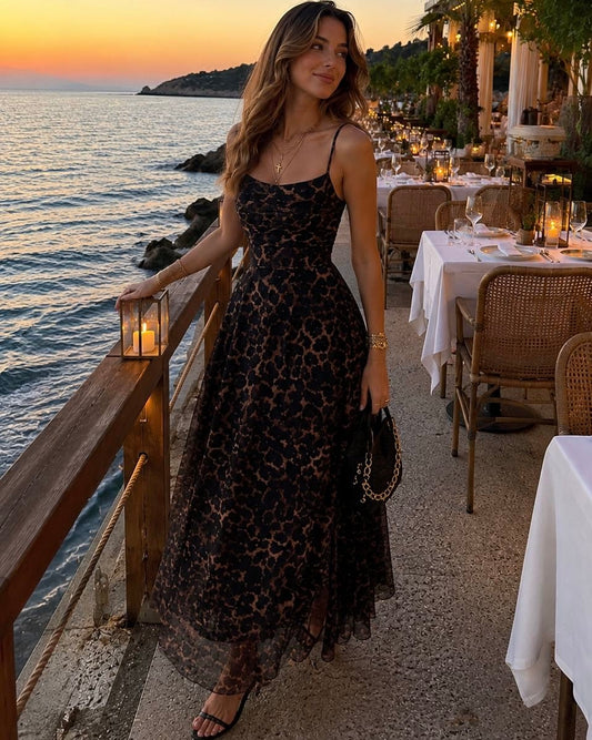 Elegant Leopard Print Mesh Maxi Dress | فستان ماكسي نسائي أنيق بنقشة ليوبارد
