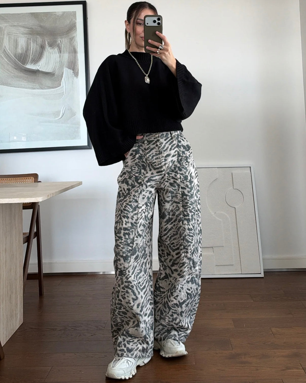 Black Oversized Knit Mock Neck Sweater with Wide Sleeves | بلوزة سودة بقصّة أوفرسايز وأكمام واسعة