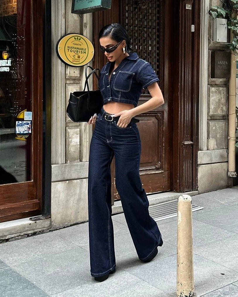 Short Sleeve Denim Set | طقم جينز نص كم