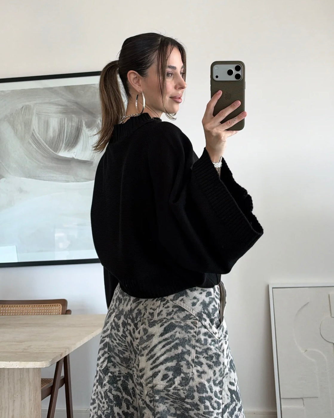 Black Oversized Knit Mock Neck Sweater with Wide Sleeves | بلوزة سودة بقصّة أوفرسايز وأكمام واسعة