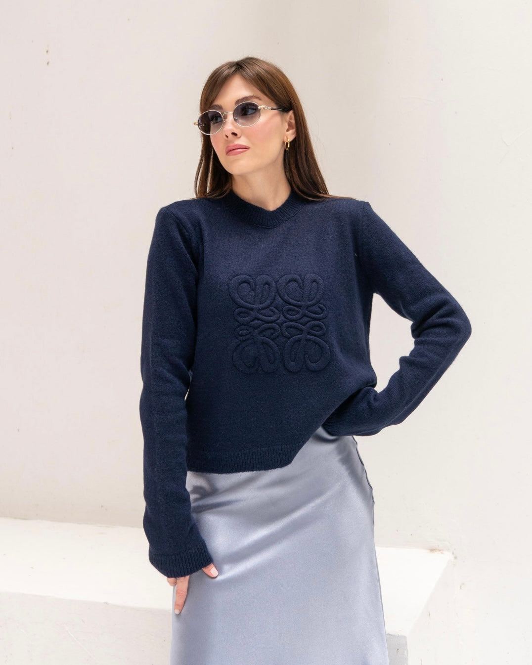 Navy Blue Embossed Patterned Knitwear Sweater