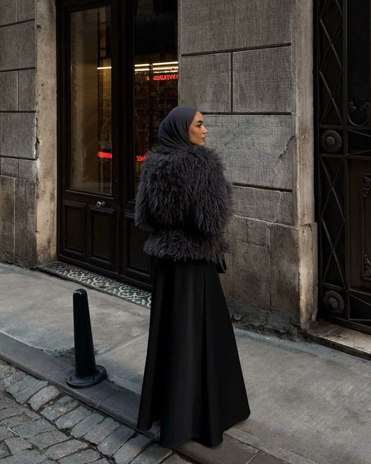 Dark Gray Faux Fur Textured Jacket | جاكيت رمادي داكن بملمس فرو