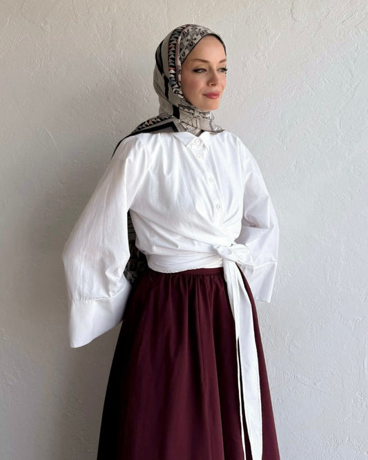White Side Knot Wrap Top | توب ابيض ناعم بقصة لف وربطة جانبية