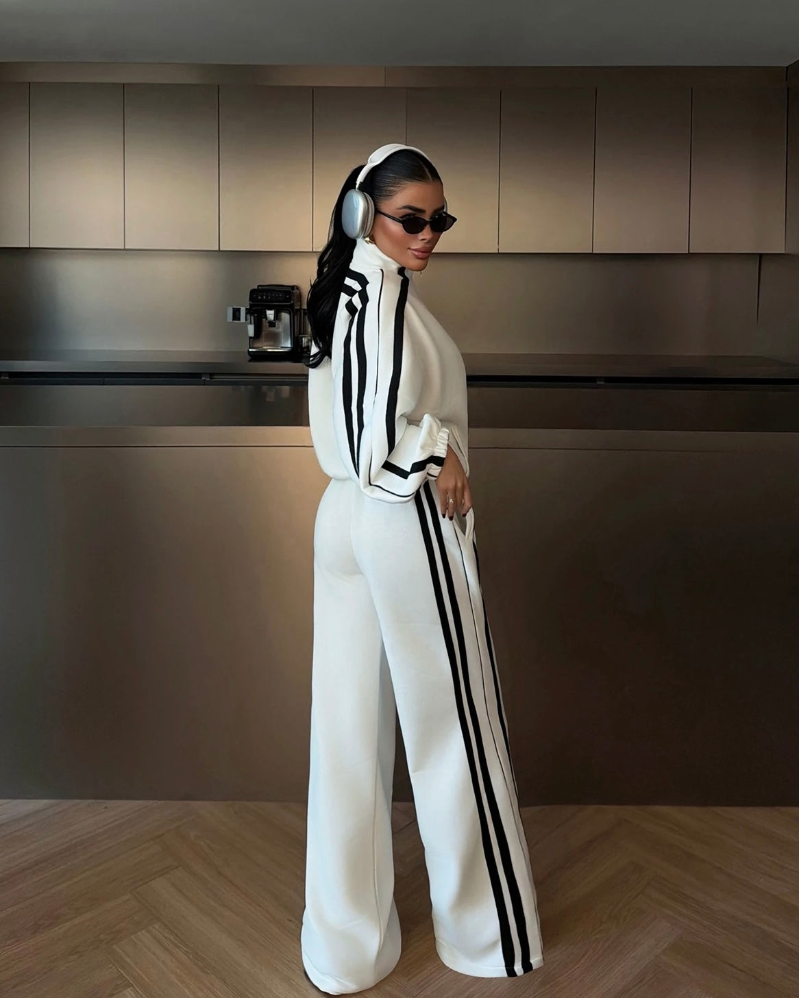 White Two-Piece Set with Black Stripes