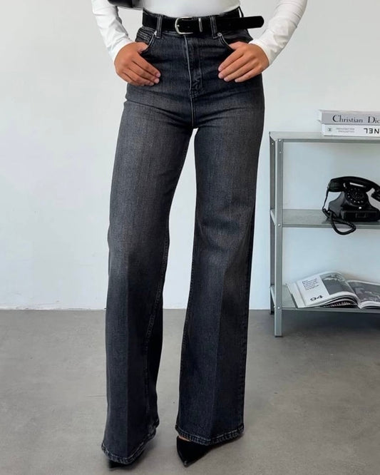 High-Waisted Washed Black Wide-Leg Denim Jeans with Belt | جينز أسود كاحت بخصر عالي وقصة واسعة مع حزام