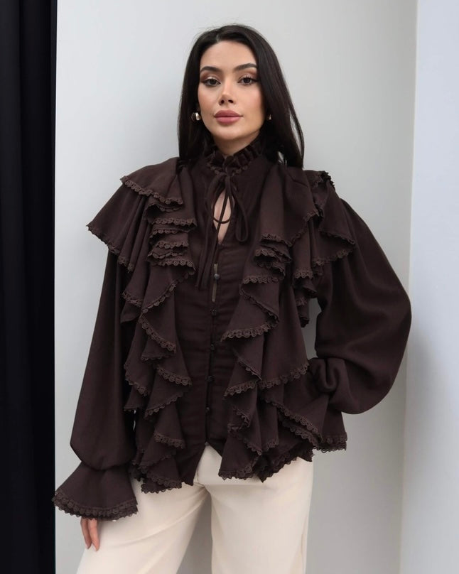 Brown Romantic Ruffle Blouse | بلوزة ناعمة بستايل بوهيمي باللون البني