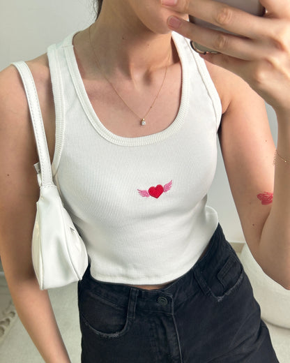 Heart Wings Embroidered White Tank Top