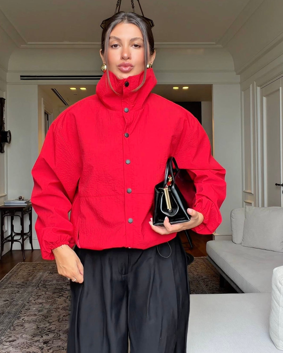 Red Oversized Windbreaker Jacket with High Neck, Elastic Cuffs | جاكيت أحمر واسع بياقة عالية وأكمام مطاطية