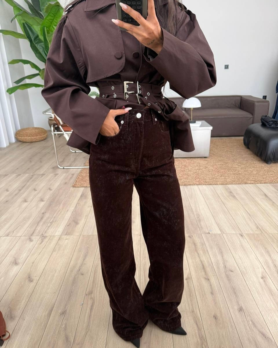 High-Waisted Dark Brown Velvet Straight Leg Pants | بنطلون مخمل بني بخصر عالي وقصة مستقيمة