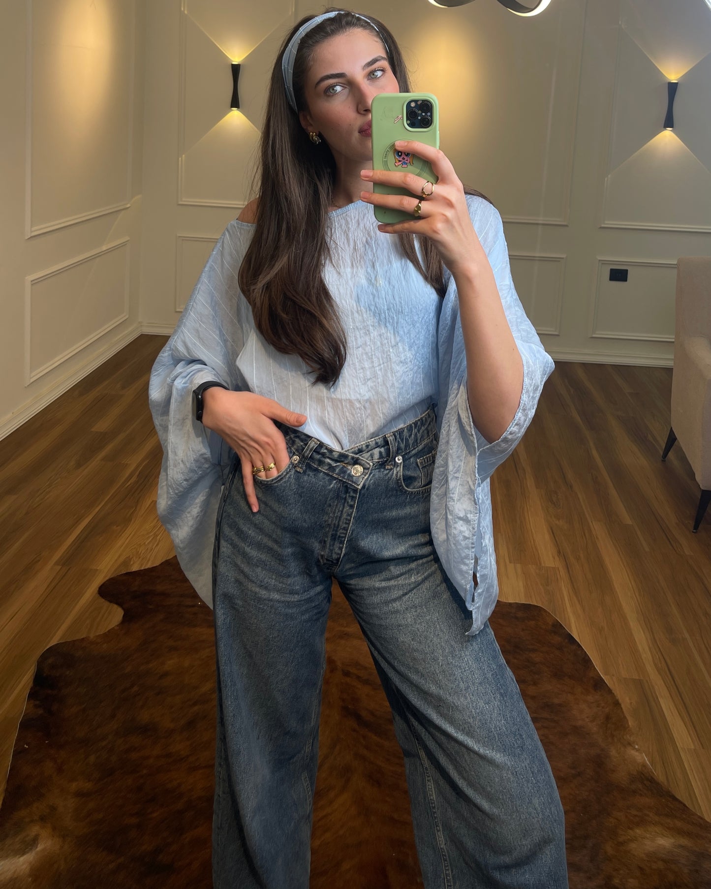Sky Blue Sheer Poncho Blouse with Scarf Detail | بلوزة شيفون سماوية بقصة واسعة مع شال