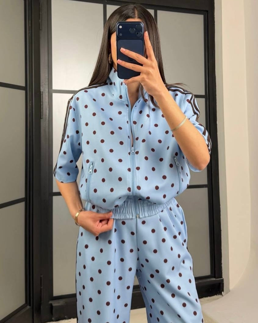 Blue polka dot tracksuit|طقم رياضي أزرق منقط